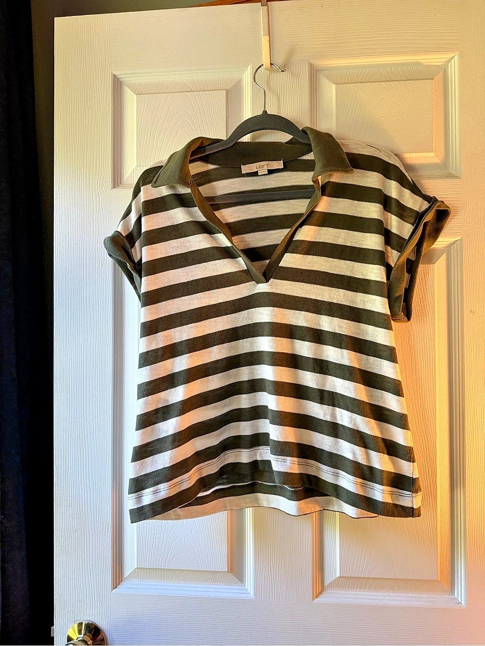 LOFT Striped Split Neck Polo Sweater Green & White Size Medium